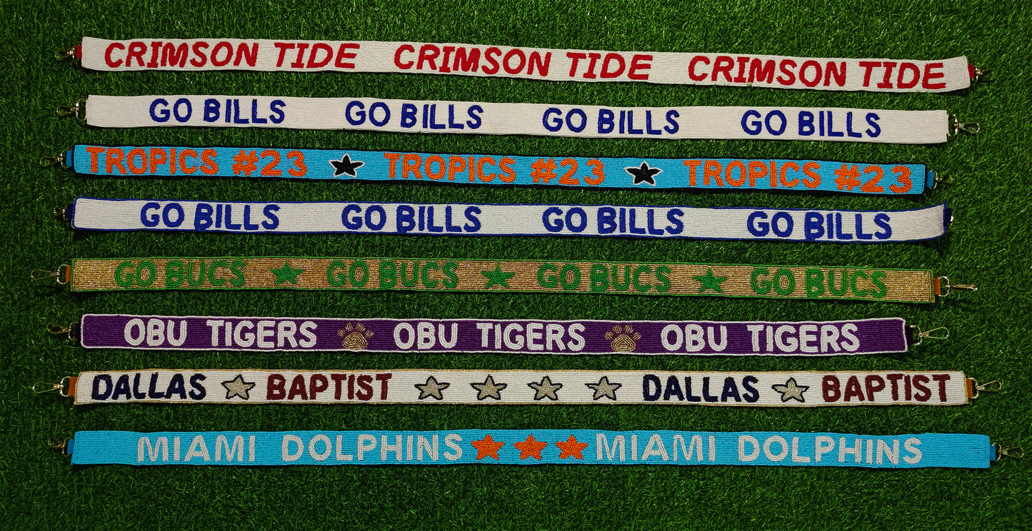 47-Inch Beaded Purse Straps - CRIMSON TIDE, GOBILS, TRIPIES #23, OBU TIGERS, DALLAS BAPTIST, MIAMI DOLPHINS - 1.5 Inches Wide