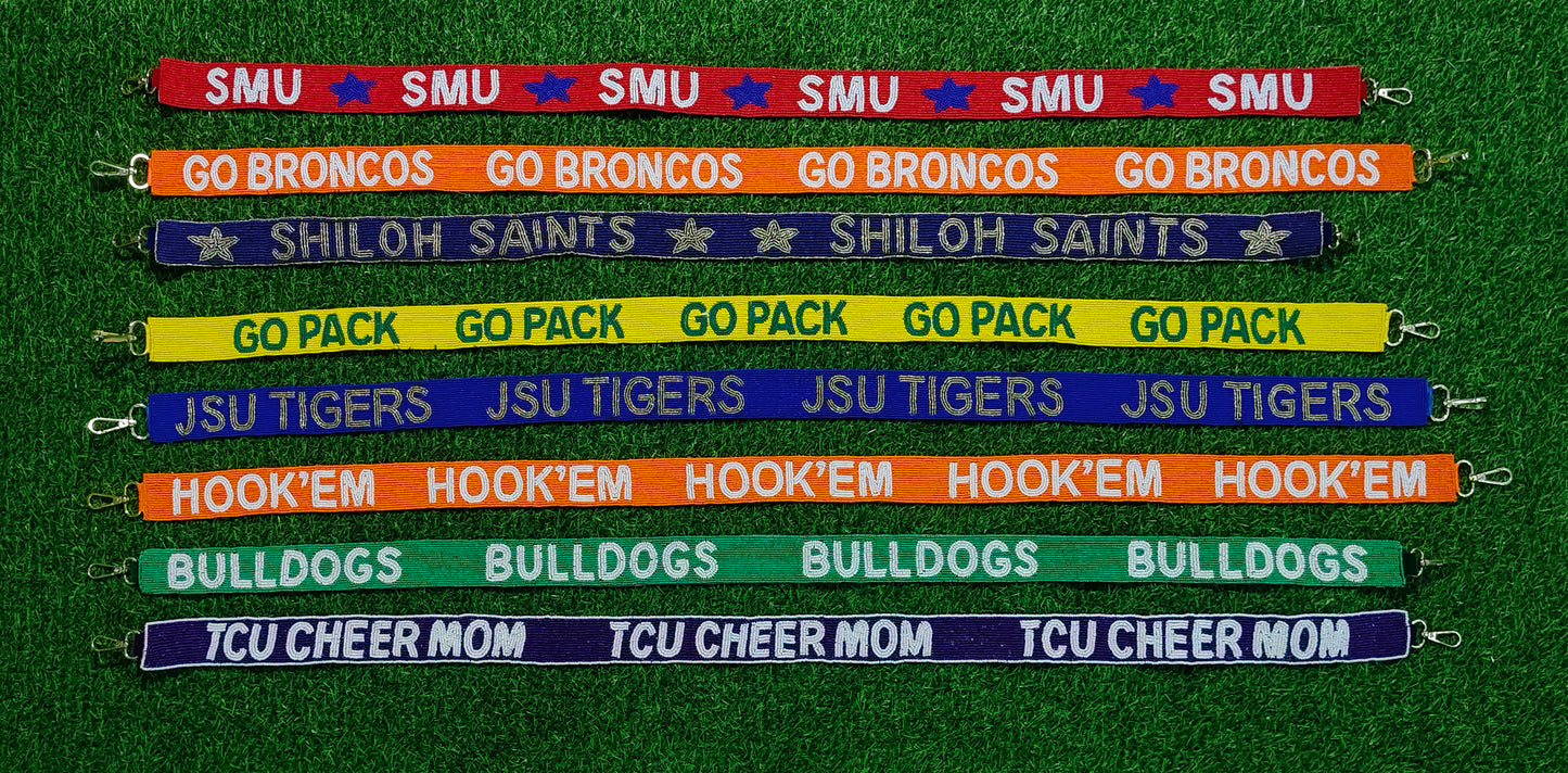 47-Inch Beaded Purse Straps - SMU, GO BRONCOS, SHILOH SAINTS, GOPACK, JSU TIGERS, HOOK'EM, BULLDOGS, TCU CHEER MOM - 1.5 Inches Wide
