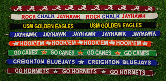 Beaded Purse Straps – Alabama, Kansas Jayhawks, USM Golden Eagles, Texas Longhorns, Miami Hurricanes, Creighton Bluejays, Alabama State Hornets
