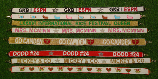 Beaded Purse Straps – GKB | ESPN, LXXXVI INTERNATIONAL RICE FESTIVAL QUEEN, MRS. MCMINN, GO CAMDEN, DODD #24, MICKEY & CO., and Heart & Floral Design (47" Long, 1.5" Wide)