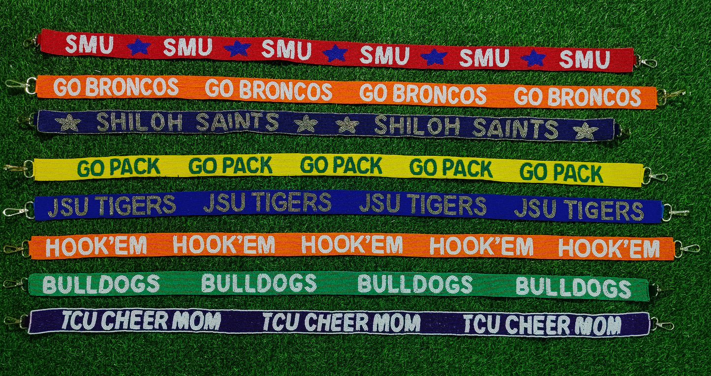 47-Inch Beaded Purse Straps - SMU, GO BRONCOS, SHILOH SAINTS, GOPACK, JSU TIGERS, HOOK'EM, BULLDOGS, TCU CHEER MOM - 1.5 Inches Wide