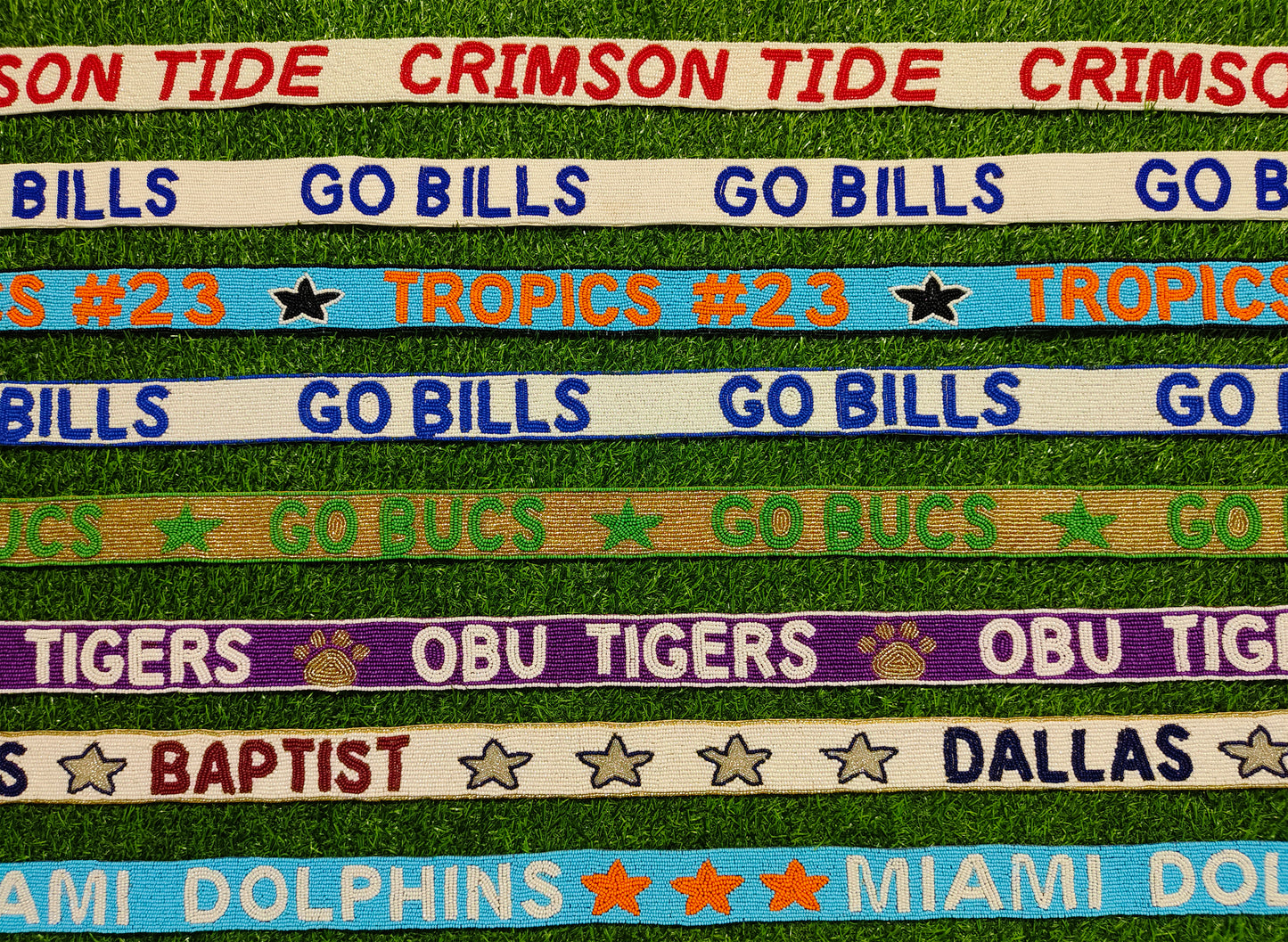 47-Inch Beaded Purse Straps - CRIMSON TIDE, GOBILS, TRIPIES #23, OBU TIGERS, DALLAS BAPTIST, MIAMI DOLPHINS - 1.5 Inches Wide
