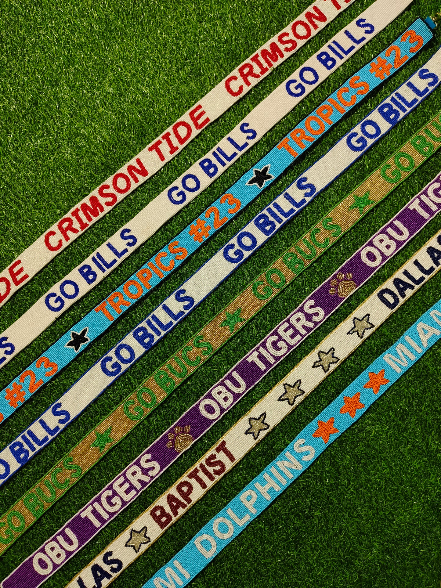 47-Inch Beaded Purse Straps - CRIMSON TIDE, GOBILS, TRIPIES #23, OBU TIGERS, DALLAS BAPTIST, MIAMI DOLPHINS - 1.5 Inches Wide