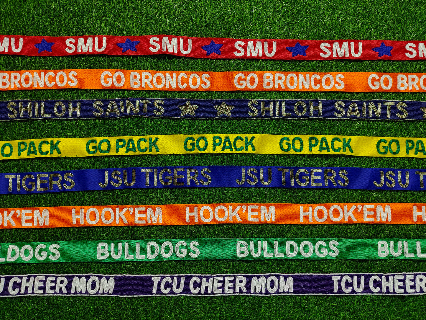 47-Inch Beaded Purse Straps - SMU, GO BRONCOS, SHILOH SAINTS, GOPACK, JSU TIGERS, HOOK'EM, BULLDOGS, TCU CHEER MOM - 1.5 Inches Wide