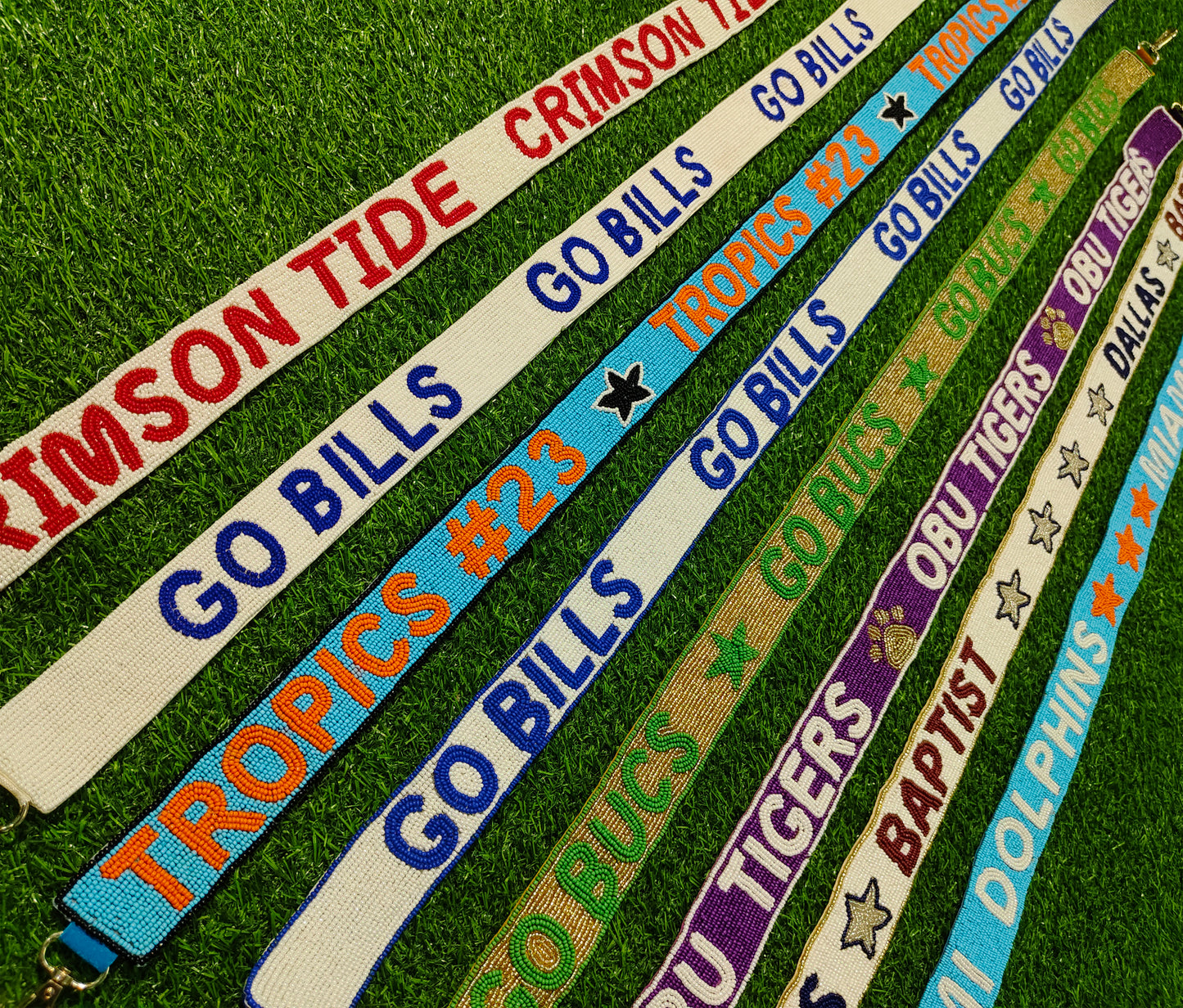 47-Inch Beaded Purse Straps - CRIMSON TIDE, GOBILS, TRIPIES #23, OBU TIGERS, DALLAS BAPTIST, MIAMI DOLPHINS - 1.5 Inches Wide