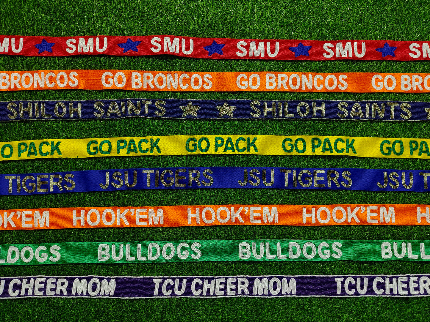 47-Inch Beaded Purse Straps - SMU, GO BRONCOS, SHILOH SAINTS, GOPACK, JSU TIGERS, HOOK'EM, BULLDOGS, TCU CHEER MOM - 1.5 Inches Wide