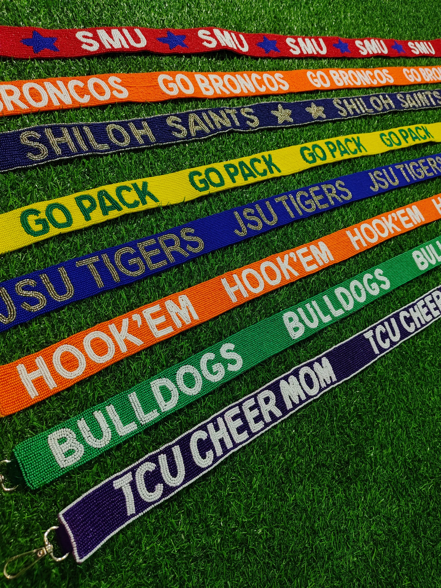47-Inch Beaded Purse Straps - SMU, GO BRONCOS, SHILOH SAINTS, GOPACK, JSU TIGERS, HOOK'EM, BULLDOGS, TCU CHEER MOM - 1.5 Inches Wide