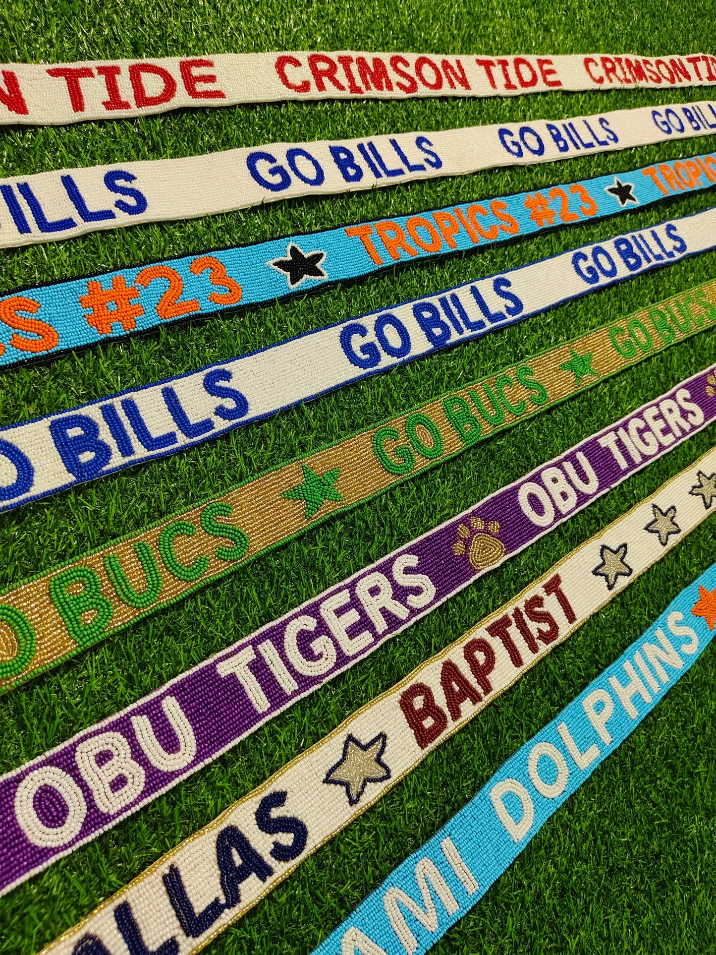47-Inch Beaded Purse Straps - CRIMSON TIDE, GOBILS, TRIPIES #23, OBU TIGERS, DALLAS BAPTIST, MIAMI DOLPHINS - 1.5 Inches Wide