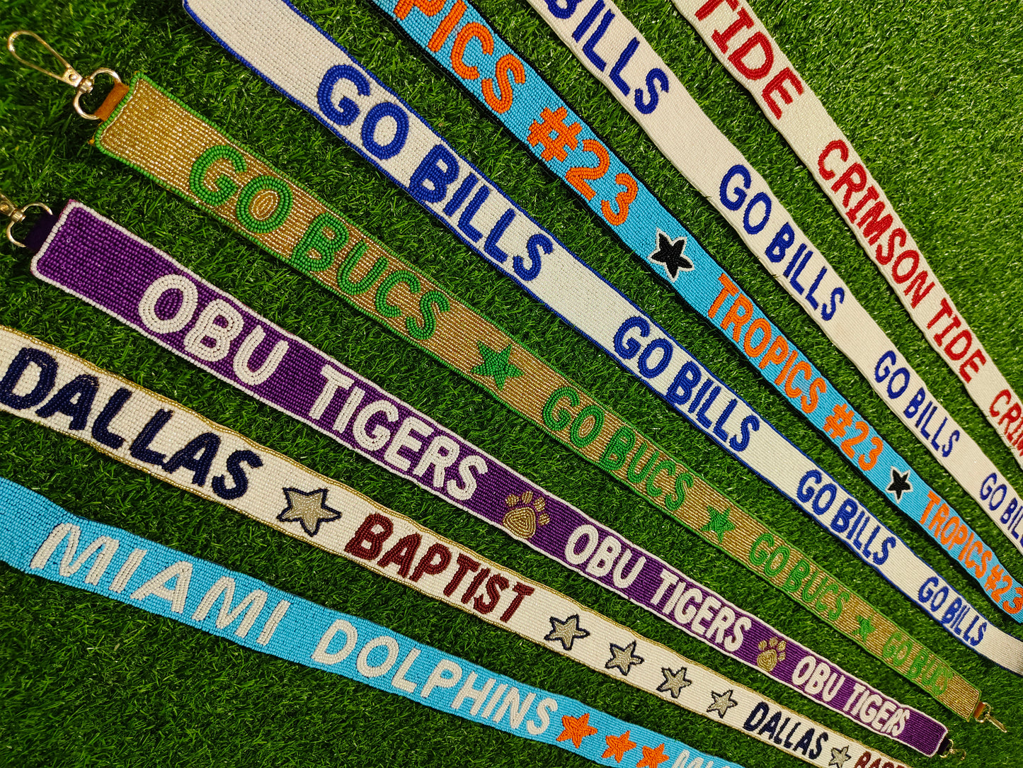 47-Inch Beaded Purse Straps - CRIMSON TIDE, GOBILS, TRIPIES #23, OBU TIGERS, DALLAS BAPTIST, MIAMI DOLPHINS - 1.5 Inches Wide