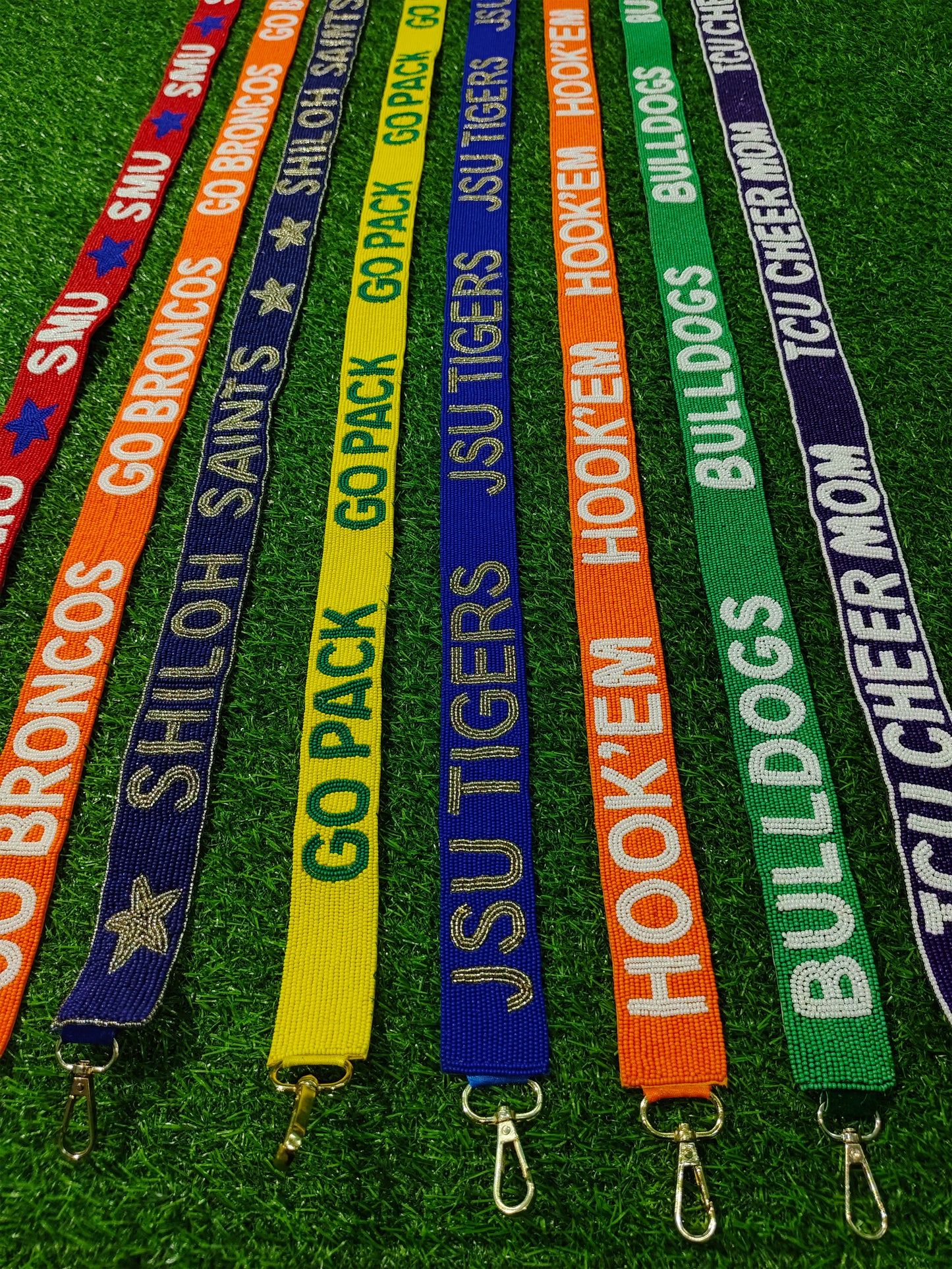 47-Inch Beaded Purse Straps - SMU, GO BRONCOS, SHILOH SAINTS, GOPACK, JSU TIGERS, HOOK'EM, BULLDOGS, TCU CHEER MOM - 1.5 Inches Wide