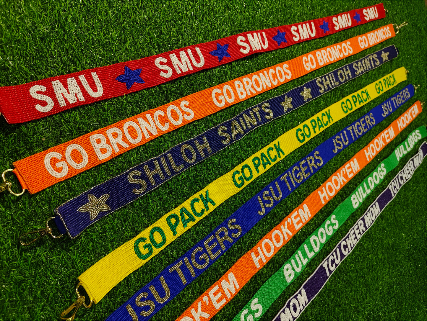 47-Inch Beaded Purse Straps - SMU, GO BRONCOS, SHILOH SAINTS, GOPACK, JSU TIGERS, HOOK'EM, BULLDOGS, TCU CHEER MOM - 1.5 Inches Wide