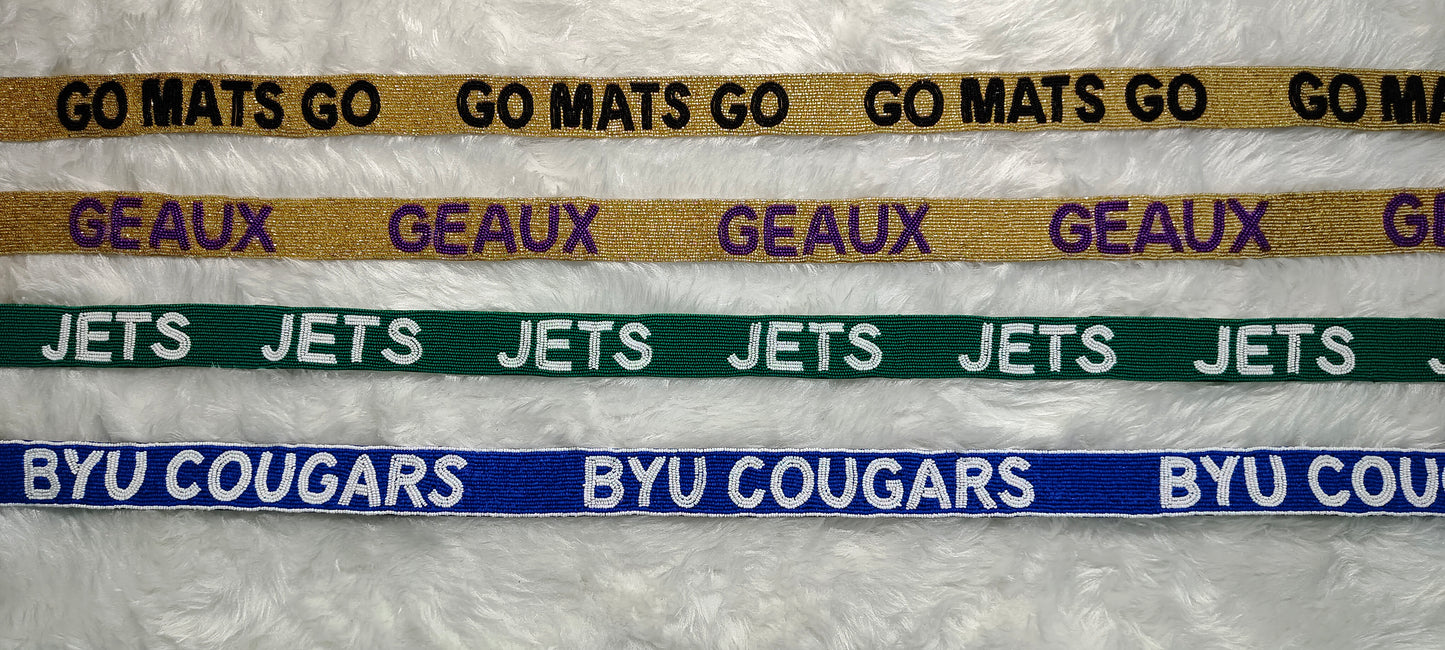 Game Day Beaded Purse Strap – 47 inches long and 1.5 inches wide – GO MATS GO, GEAUX, JETS, BYU COUGARS