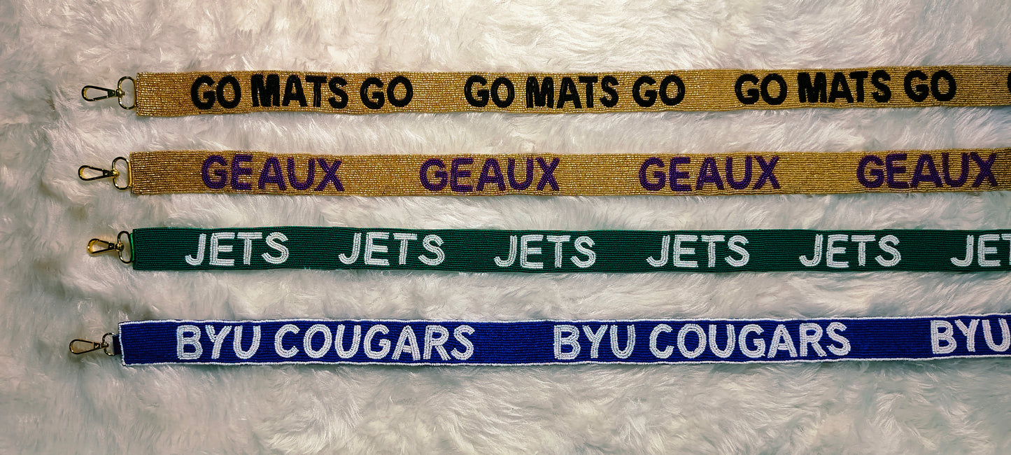 Game Day Beaded Purse Strap – 47 inches long and 1.5 inches wide – GO MATS GO, GEAUX, JETS, BYU COUGARS